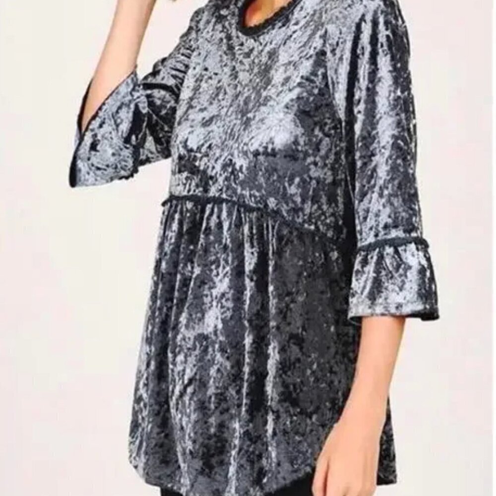 POL Blue Boho Crushed Velvet Tunic Top Sz S Baby Doll Crew Neck Whimsigoth
